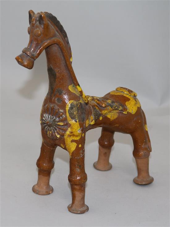 A Cannakale pottery horse vessel, 19th century, 24cm, repairs